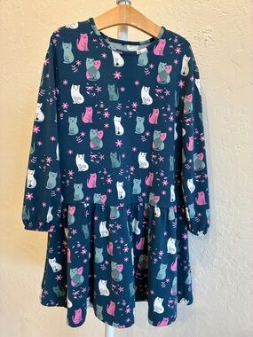 deux par deux Navy Cat Print Long Sleeve Casual Dress with Pink & Teal Accents